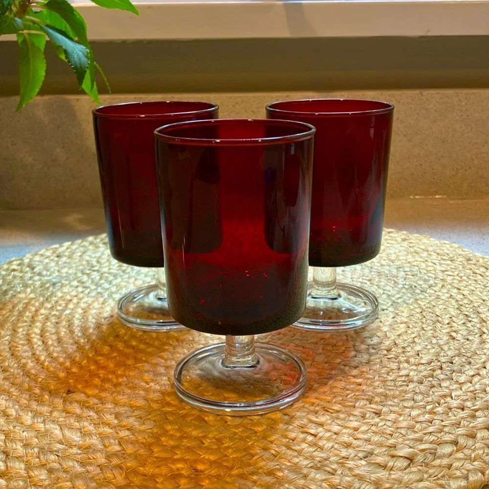 Set of (3) Vintage MCM Ruby Red Footed Wine Glasses - Luminarc France
